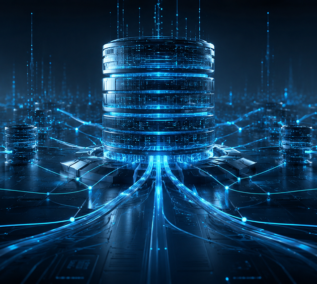Glowing cylindrical data core with radiating data streams across a digital network