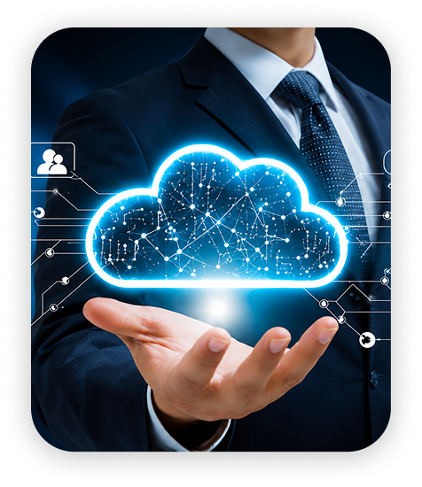 Glowing cloud icon above a professional's hands