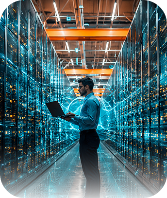 Engineer working on a data platform with code overlays