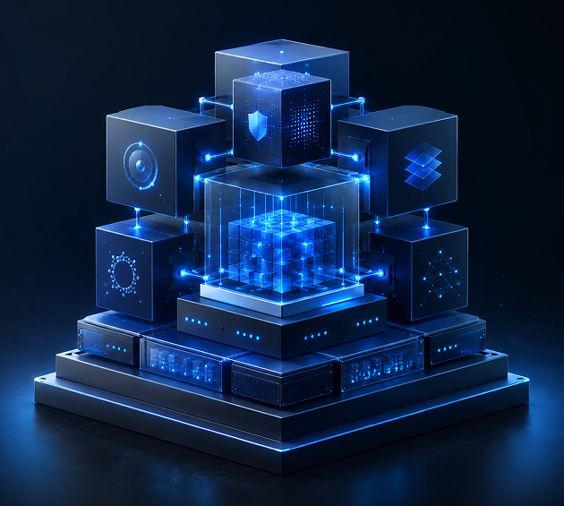 Glowing data cube architecture representing master data management building blocks