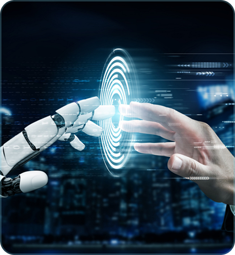 Human and robotic hands connecting through a glowing digital interface