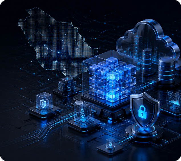 Dotted map of Saudi Arabia beside a glowing data cube, cloud and padlock shields representing secure data infrastructure