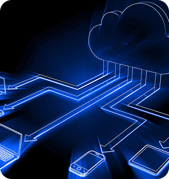 Isometric neon cloud above layered data center platforms