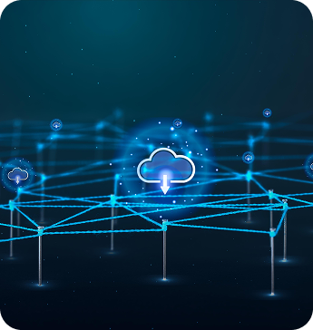 Glowing cloud icon above a blue digital network mesh
