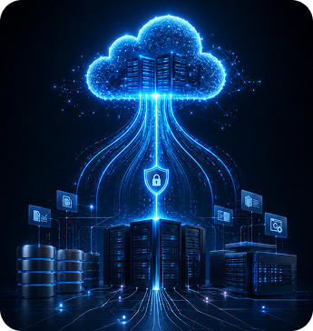 Neon cloud made of circuitry above servers and a padlock