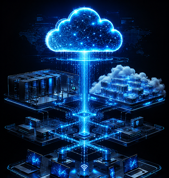 Isometric neon cloud above layered data center platforms