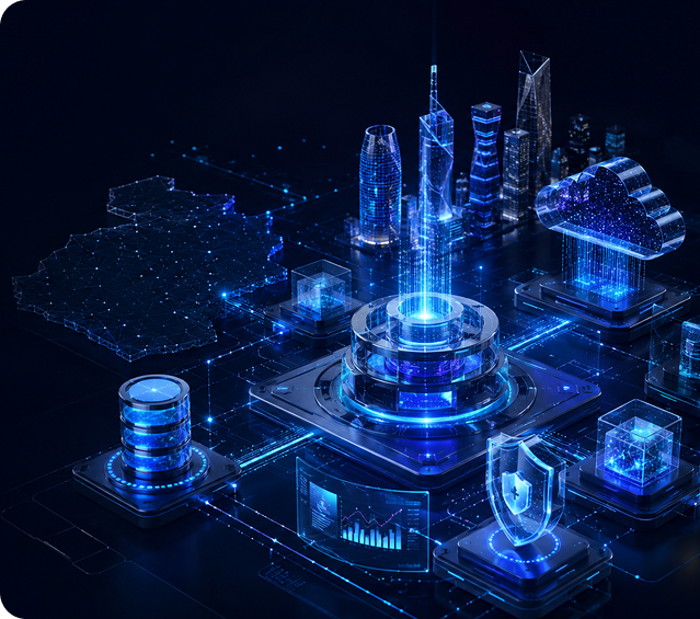 Glowing blue data city with server stacks, shields and a central data core representing Qatar&rsquo;s governed data infrastructure