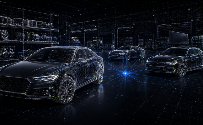 Row of luxury sedans in a dark showroom with blue rim lighting
