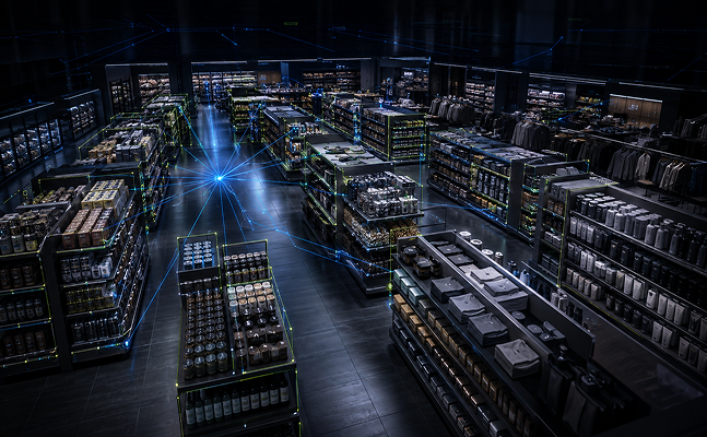 Dark retail distribution warehouse with tall stacked aisles lit in blue