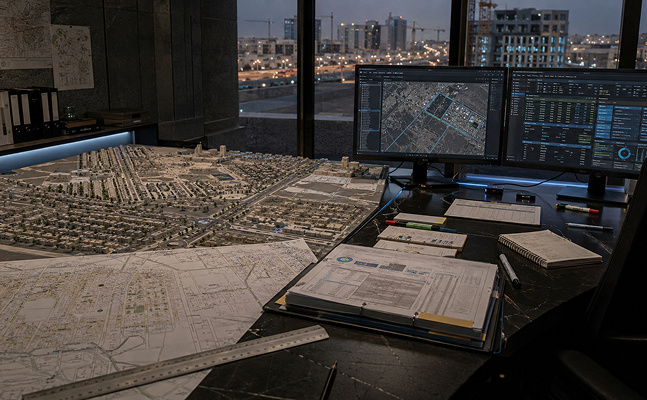 Dark government operations office at night with monitors showing blue data panels