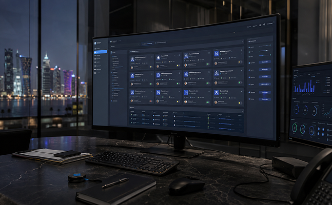 Dark workspace with monitors showing a blue chat interface and analytics panels