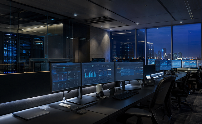 Dark operations control room with a curved wall of blue data dashboards