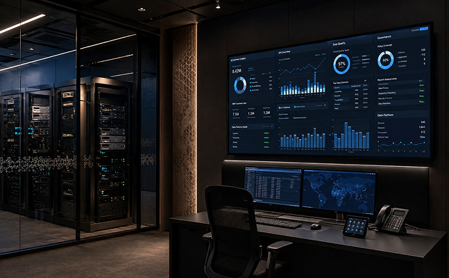 Dark office at night with desks of monitors showing blue analytics dashboards
