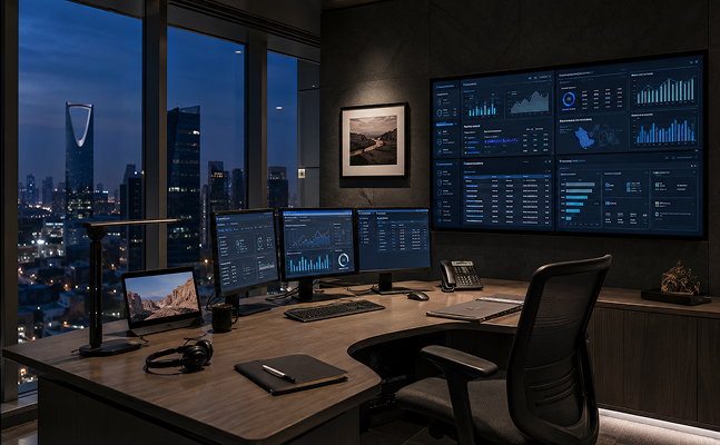 Executive office at dusk overlooking a Middle Eastern city skyline
