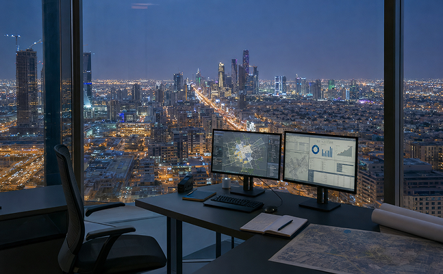 View from a dark high-rise office over a glowing city skyline at blue hour