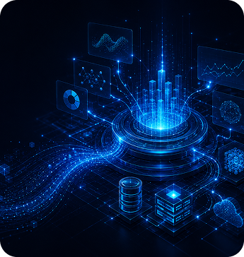 Glowing blue data core radiating streams of information across a digital network